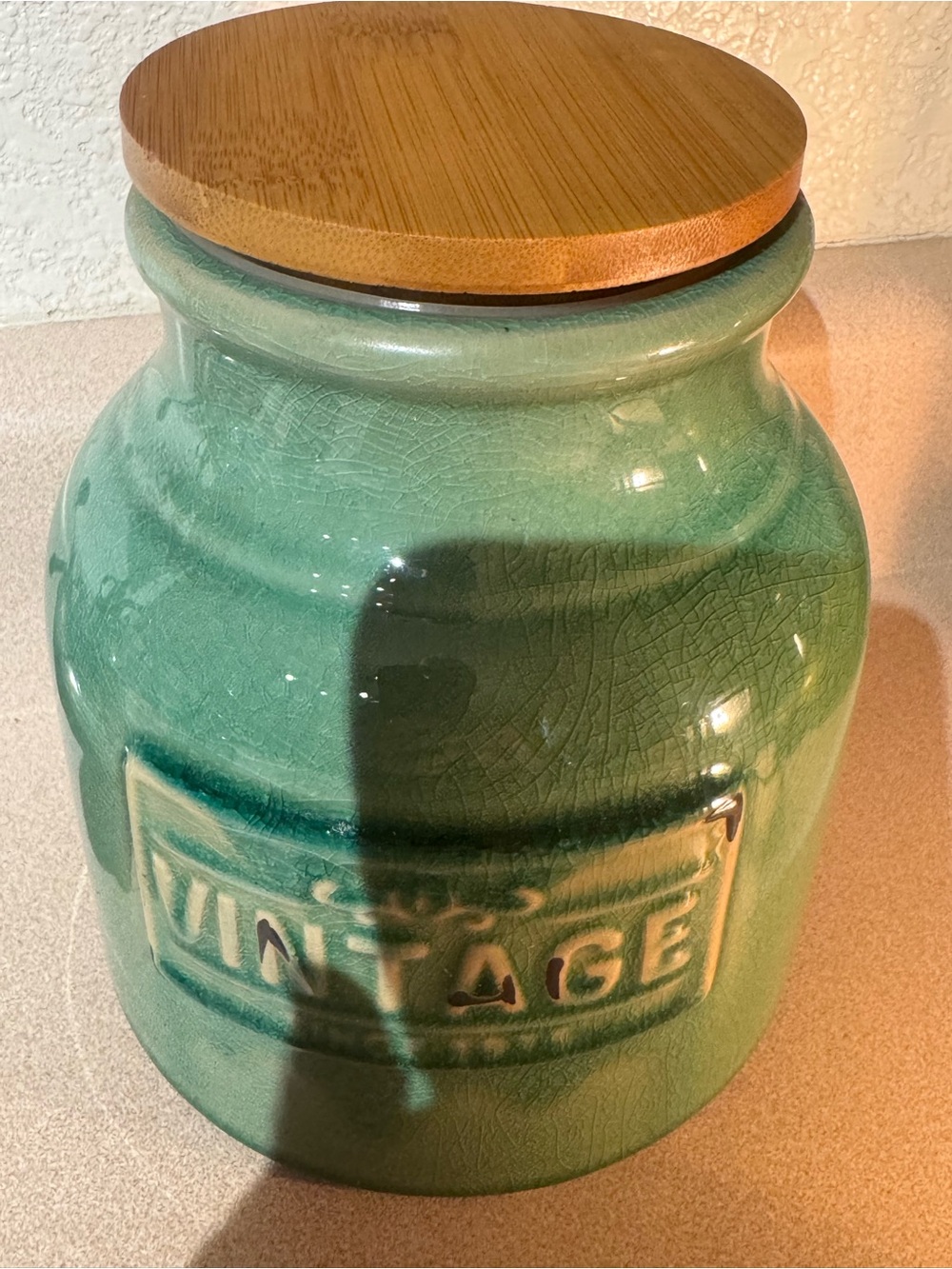 Green Ceramic 'Vintage' Kitchen Canister with Bamboo Lid